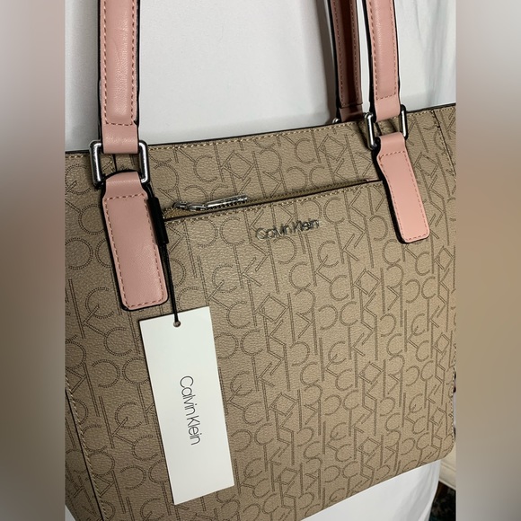 NWT Calvin Klein Monogram Tan Purse Shoulder Bag Pink Straps Gold Hardware